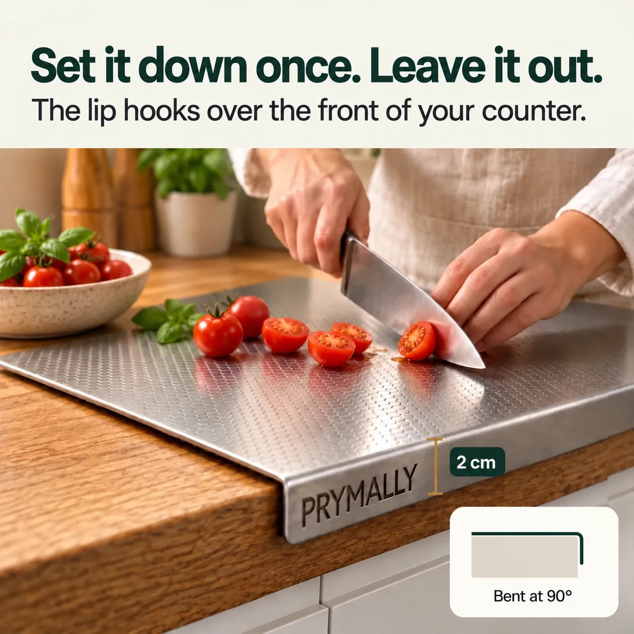 Angled lip hooks over the front of the counter